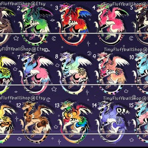 May include: Fifteen illustrations of dragons in a variety of colours and patterns, each with unique wing designs. The dragons are set against a dark purple background with stars and moons. The text "TinyFluffballShop@Etsy" is visible.