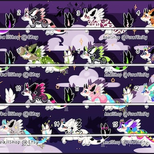 Puede incluir: Una impresión de arte digital con 15 criaturas de fantasía estilizadas en varios esquemas de color, incluyendo púrpura, rosa, verde y azul. Cada criatura tiene un diseño único y está ambientada sobre un fondo púrpura oscuro con estrellas y lunas.