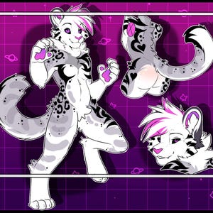 Puede incluir: Ilustración digital de un personaje felino antropomórfico blanco y gris con acentos rosas. El personaje tiene manchas y rayas negras, y se representa en tres poses sobre un fondo de cuadrícula púrpura.