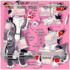 May include: Digital art of a furry character with a box head, in shades of gray, white, and black, with red accents. The character is shown in various poses, interacting with cardboard boxes and tape. Text includes "UNSOLD", "draws", and "swaps boxes".