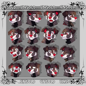May include: A grid of sixteen cartoon dog head illustrations with various expressions. The dogs have brown fur, white muzzles, red noses and ears, and red-rimmed eyes. The word "UNSOLD" is written across the top and bottom of the image.