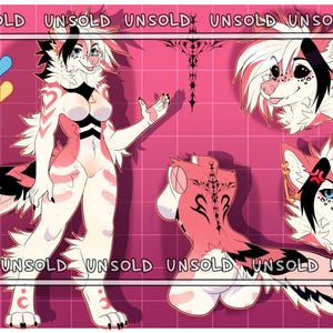 May include: Digital artwork of a furry character with pink, white, and black fur. The character has a heart-shaped marking on its chest and a long tail. The image includes multiple views of the character and the word "UNSOLD".