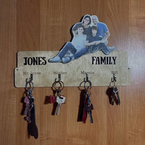 Personalized Family Key Holder with Photo | Custom Wooden Key Rack with Names | Housewarming Gift | Laser Engraved Key Organizer