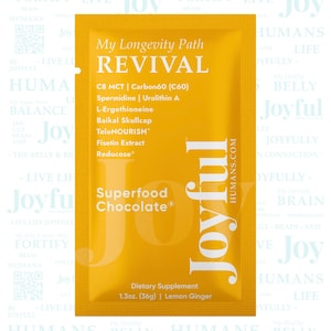 May include: A yellow packet with the text "My Longevity Path REVIVAL" and "Superfood Chocolate." The packet lists ingredients and the words "Joyful" and "HUMANS.COM."
