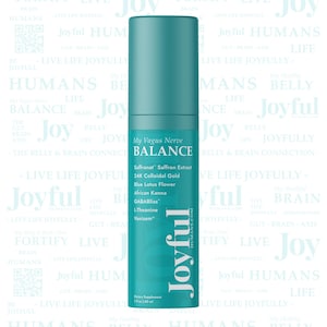 Peut inclure: Une bouteille turquoise de complément alimentaire "My Vagus Nerve BALANCE". L'étiquette indique des ingrédients tels que l'extrait de safran Saffranat, l'or colloïdal 24K et la fleur de lotus bleue. La marque "Joyful HUMANS" est également visible.