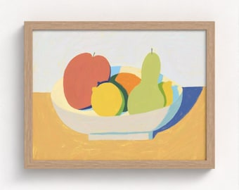 May include: A still life painting of a white bowl filled with fruit. The bowl contains a red apple, a green pear, a yellow lemon, and an orange. The bowl is sitting on a yellow surface.