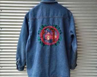 90s Embroidered Denim Chore Coat Lightweight Jean Jacket Oversized S