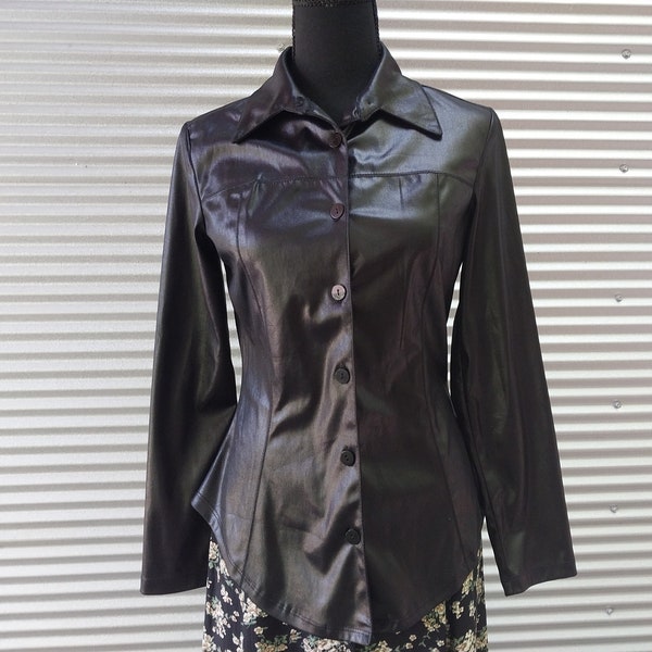 90s Faux Leather Lycra Button Up Shirt