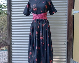 50s black floral tea dress