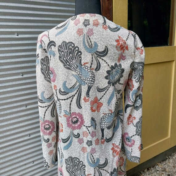 Vintage 70s Bird/Floral Print Semi Sheer Dress, Dolman Sleeves S