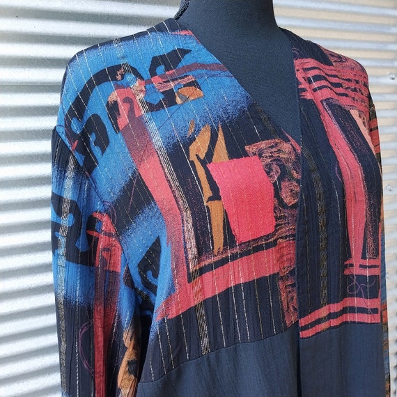 90s oversize open front patchwork batik lurex jac… - image 3