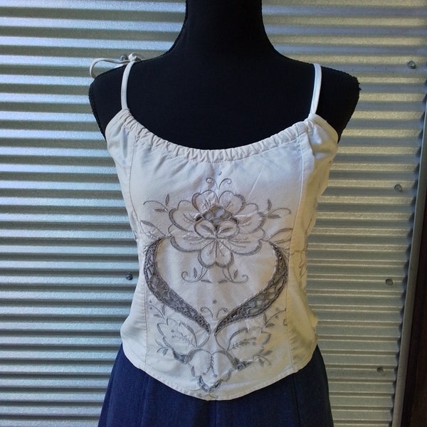 70s Hand Embroidered Cutout Corset Cut Top S Dragon Fly Laguna Beach CA Shanghai Trading Co