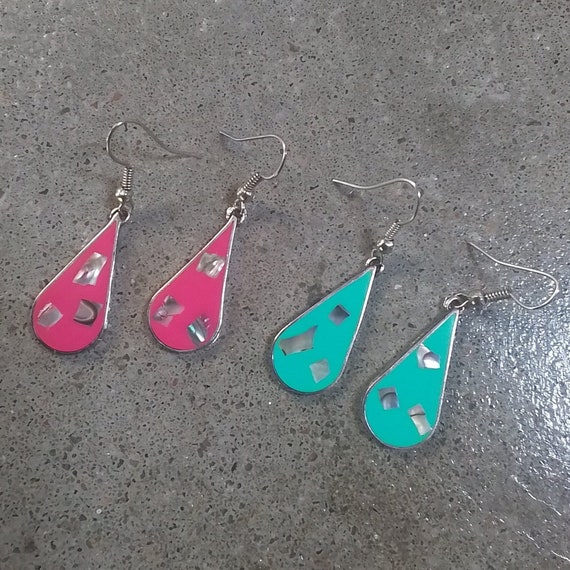 Abalone Inlay Teardrop Earrings Mexico Silver