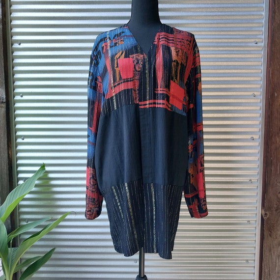 90s oversize open front patchwork batik lurex jac… - image 1