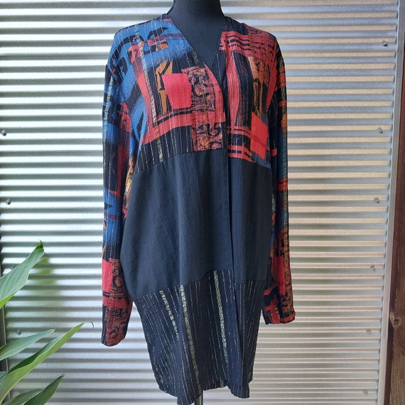 90s oversize open front patchwork batik lurex jac… - image 7