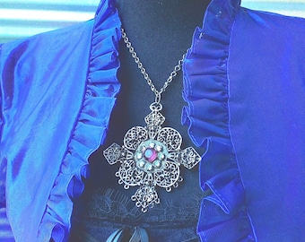 60s 70s gothic silvertone necklace faux amethyst ruby costume jewelry