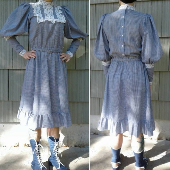 1980s Fritzi Victorian Dress Gingham Lace