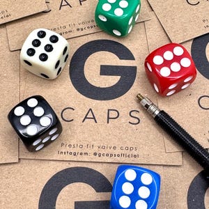Dice valve caps. Presta fit. Choice of 5 colours.