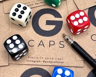 Dice valve caps. Presta fit. Choice of 5 colours.