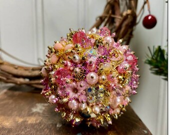 Bejeweled Ornament/ Pink Gold Art Piece/ OOAK Vintage Jewelry Assemblage/Vintage Jewelry Ornament/Sparkly Home Decor/Orb