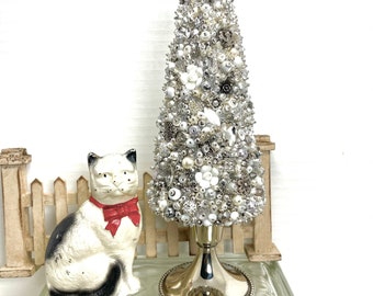 CUSTOM ORDER Beaded Topiary Tree   Silver and White, Handmade Table decor, Home decor, Christmas Decor, Mantel, Vintage Jewelry