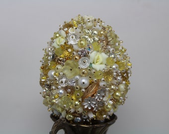 EGG Spring Colors/ Art Piece ooak/ Vintage Jewelry Assemblage/ EASTER  Basket Decor/Spring Home Decor/Egg Shaped Ornament/Vintage Jewelry