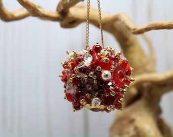 Ornament RED GOLD Art Piece OOAK Vintage Jewelry Assemblage, Stocking stuffer, Orb, Christmas gift, Home Decor