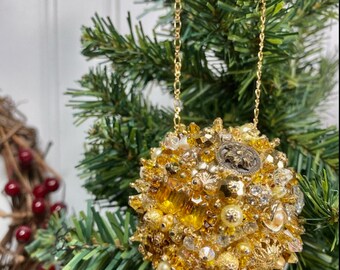 Ornament/ YELLOW and GOLD Art Piece/ ooak Vintage Jewelry Assemblage/Vintage Jewelry Ornament/Sparkly Home Decor/Orb