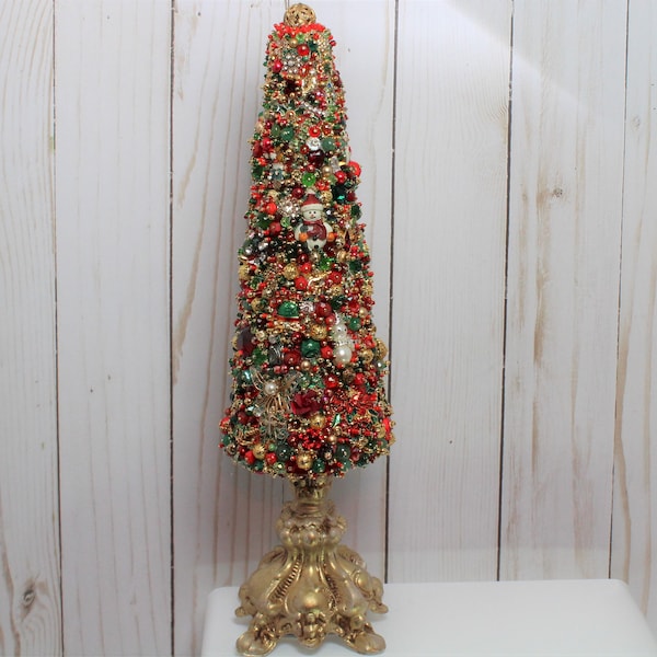 Custom Listing Only  CHRISTMAS TOPIARY TREE  Red and Green and Gold, Home Decor , Ooak, Handmade