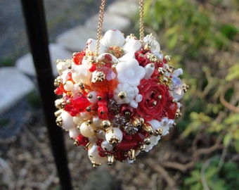 Ornament Red Gold White Art Piece OOAK Vintage Jewelry Assemblage