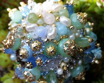 Ornament/ Peridot  Pale Blue Gold Art Piece/ OOAK Vintage Jewelry Assemblage/Vintage Jewelry Ornament/Sparkly Home Decor/Orb