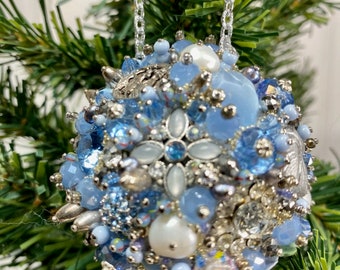 Ornament/ SILVER and  BLUE Art Piece/ ooak Vintage Jewelry Assemblage/Vintage Jewelry Ornament/Sparkly Home Decor/Orb