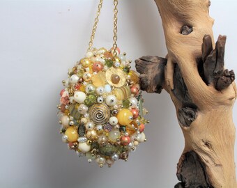 Beaded Egg /Art Piece OOAK/Vintage Jewelry Assemblage/Easter BasketDecor/Spring Home Decor/Egg Shaped Table Ornament