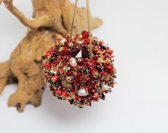 Bejeweled Ornament RED GOLD Art Piece HANDMADE Vintage Jewelry