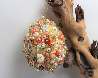 Beaded Egg /Art Piece OOAK/Vintage Jewelry Assemblage/Easter BasketDecor/Spring Home Decor/Egg Shaped Table Ornament