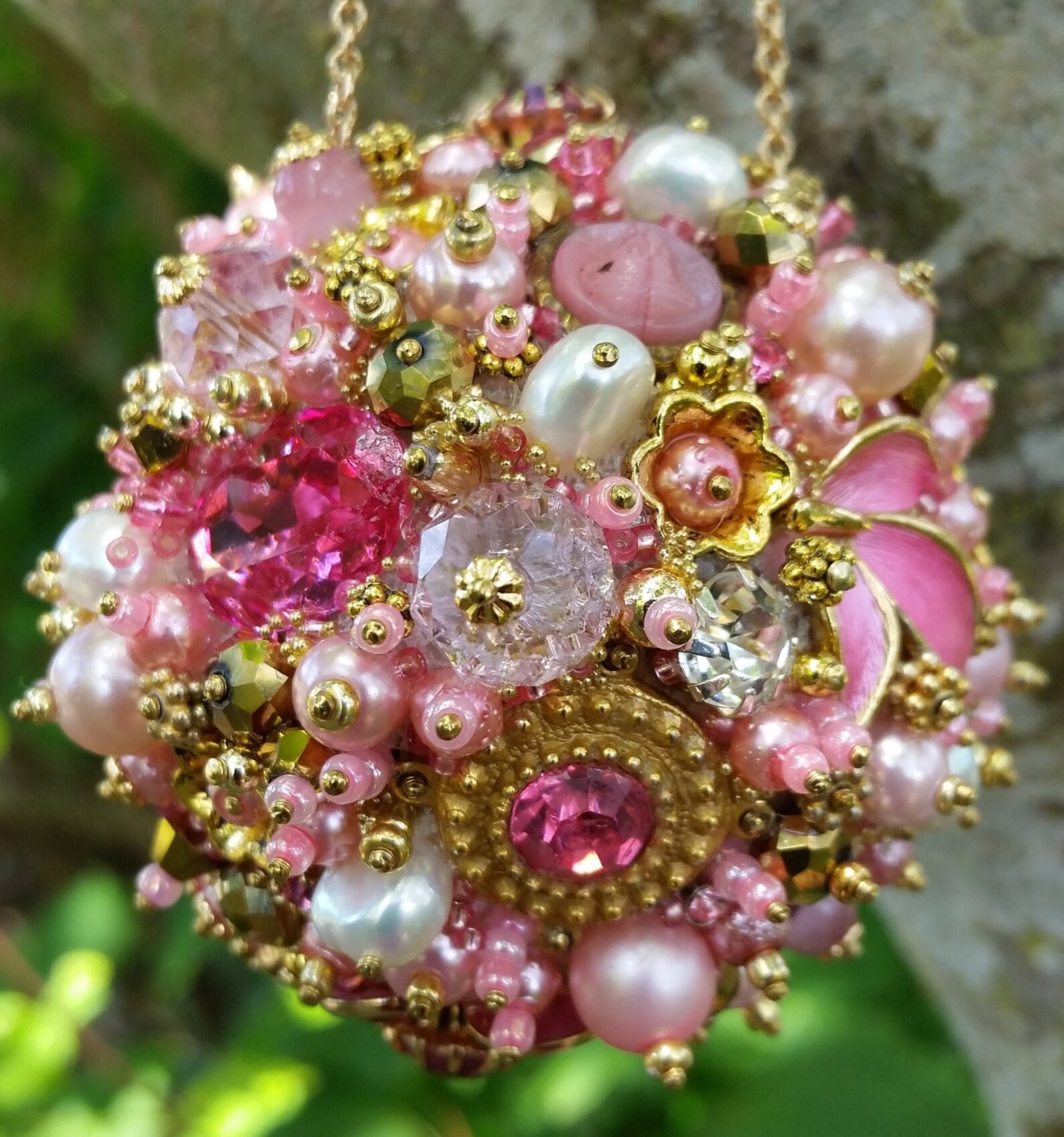 Bejeweled Ornament Pink Gold Art Vintage Jewelry Rhinestones Etsy