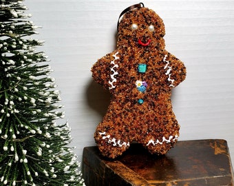 Large Beaded GINGERBREAD MAN ORNAMENT , Christmas Tree Ornament, Table Decor, Home Decor,Teacher Gift under 15, Stocking Stuffer