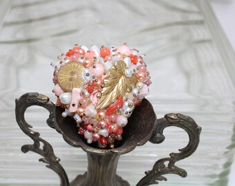 VALENTINE GIFT, Heart Ornament Art Piece, OOAK, Vintage Jewelry Assemblage, Ready to Ship, Table Decor