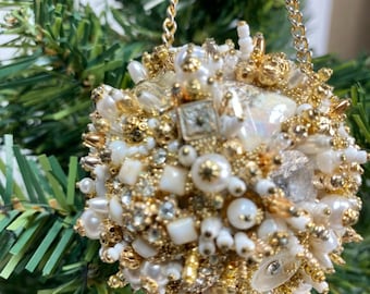 Ornament/ White and Gold Art Piece/ OOAK Vintage Jewelry Assemblage/Vintage Jewelry Ornament/Sparkly Home Decor/Orb