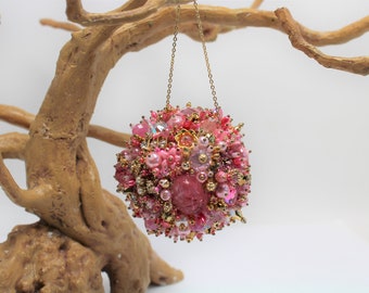 Bejeweled Ornament Pink Gold Art Vintage Jewelry, Rhinestones Assemblage, Christmas Ornament, Tree Decoration, Gift under 50, Teacher Gift