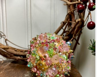 Ornament/ Pink Blue Green Gold Art Piece/ OOAK Vintage Jewelry Assemblage/Vintage Jewelry Ornament/Sparkly Home Decor/Orb