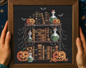 Pumpkin Spell Books Cross Stitch Pattern, Gothic Book Embroidery, Witch shelf, Pumpkin and Potion Stitch for Spooky Cross Stitch Pattern PDF