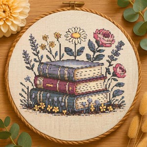 Floral Books Cross Stitch Pattern Botanical Book Stack Embroidery Floral Bookshelf Cross Stitch Peaceful Cottagecore Stitching Book Lovers