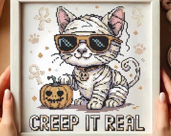 Puede incluir: Arte de punto de cruz en un marco blanco. Presenta un gato con gafas de sol y una calabaza. El gato es blanco con rayas negras. El texto "CREEP IT REAL" está en la parte inferior. La obra de arte está sostenida por dos manos.