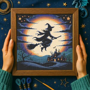Haunted Night Halloween Cross Stitch Pattern – Witch in Flight with Bats, Stars, and Silhouetted Trees