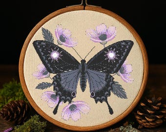 Dark Elegant Butterfly and Lavender Floral Cross Stitch Pattern Celestial Floral Fantasy Butterfly Embroidery Dark Floral Wing Garden Stitch