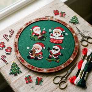 May include: A circular wooden embroidery hoop containing green fabric with four cross-stitched Santa Claus figures: one in a chair, one in a chimney, one eating a cookie, and one on a skateboard. Surrounding the hoop are small stitched holiday motifs.
