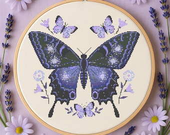 Patrón de punto de cruz de mariposa galaxia lavanda, bordado de flores de mariposa celestial, costura cottagecore, patrón de punto de jardín nocturno