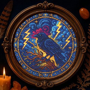 Storm Raven Cross Stitch Pattern Magical Black Raven Surrounded Stained Glass Embroidery Dark Fantasy Bird Gothic Cross Stitch PDF For Lover