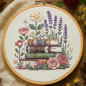 Cozy Floral Book Cross Stitch Pattern Botanical Book Embroidery Floral Bookshelf Cross Stitch Peaceful Cottagecore Stitching Book Lovers